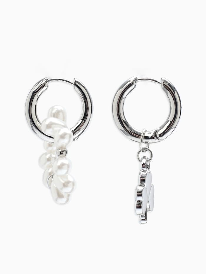 Серьги со съёмным элементом «Трансформер», клевер-сердце, бело-бежевые в серебре