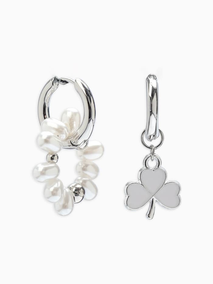 Серьги со съёмным элементом «Трансформер», клевер-сердце, бело-бежевые в серебре
