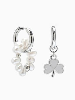 Серьги со съёмным элементом «Трансформер», клевер-сердце, бело-бежевые в серебре