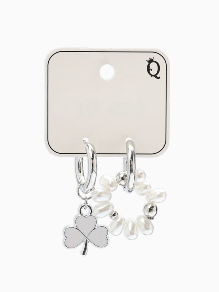 Серьги со съёмным элементом «Трансформер», клевер-сердце, бело-бежевые в серебре