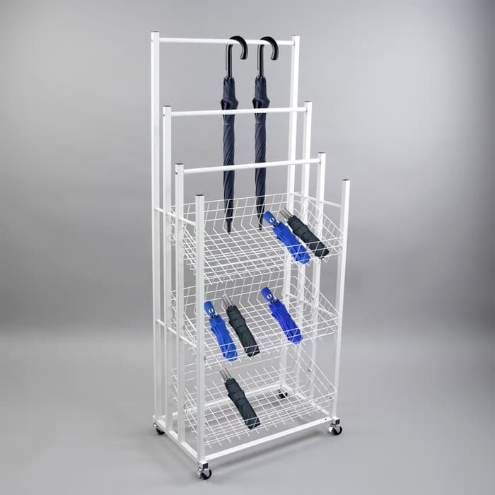 Стойка под зонты, разборная, 3 наклонные корзины, 3 яруса, 60×40×150 см, белая