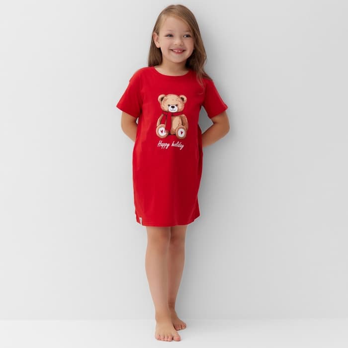Сорочка для девочки новогодняя KAFTAN «Мишка в шарфе», размер 28 (86-92 см), красная