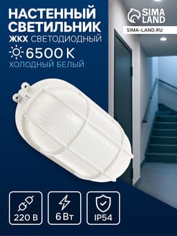 Светильник светодиодный, 6 Вт, 220 В, IP54, 6500К, пластик, решётка, овал, белый