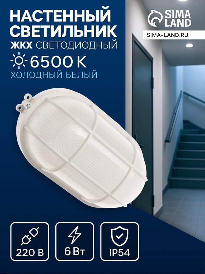 Светильник светодиодный, 6 Вт, 220 В, IP54, 6500К, пластик, овал, белый