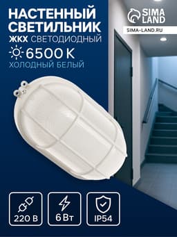 Светильник светодиодный, 6 Вт, 220 В, IP54, 6500К, пластик, овал, белый