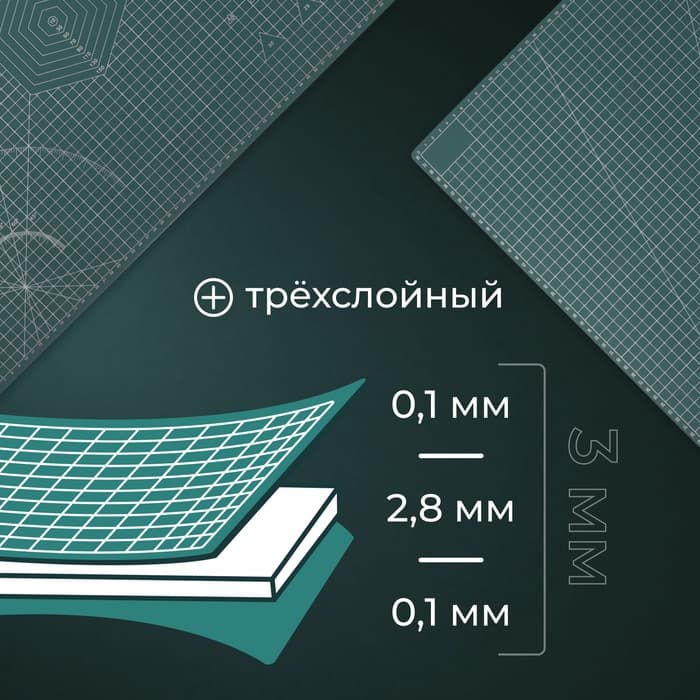 Мат для резки, трёхслойный, 90×60 см, А1, зелёный