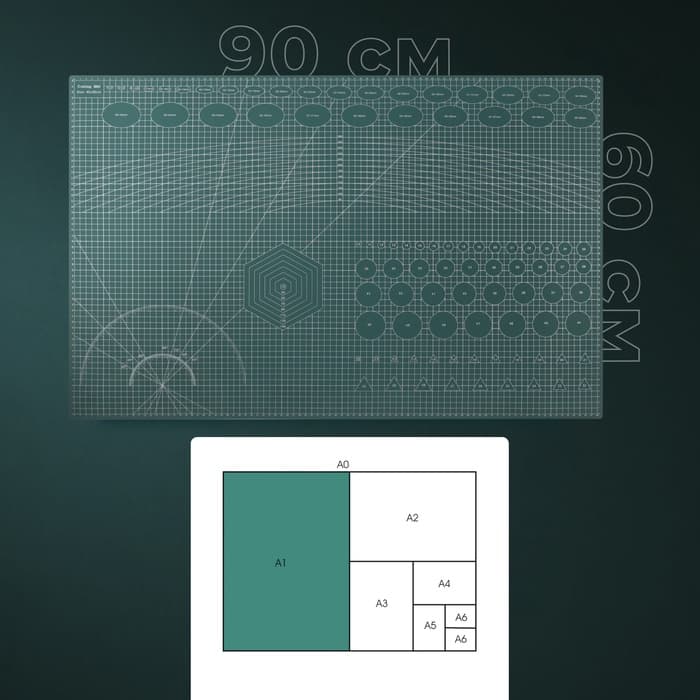 Мат для резки, трёхслойный, 90×60 см, А1, зелёный