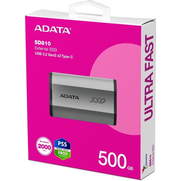 Накопитель SSD A-Data, USB-C, 500 ГБ, SD810-500G-CSG, SD810, 1.8", серый