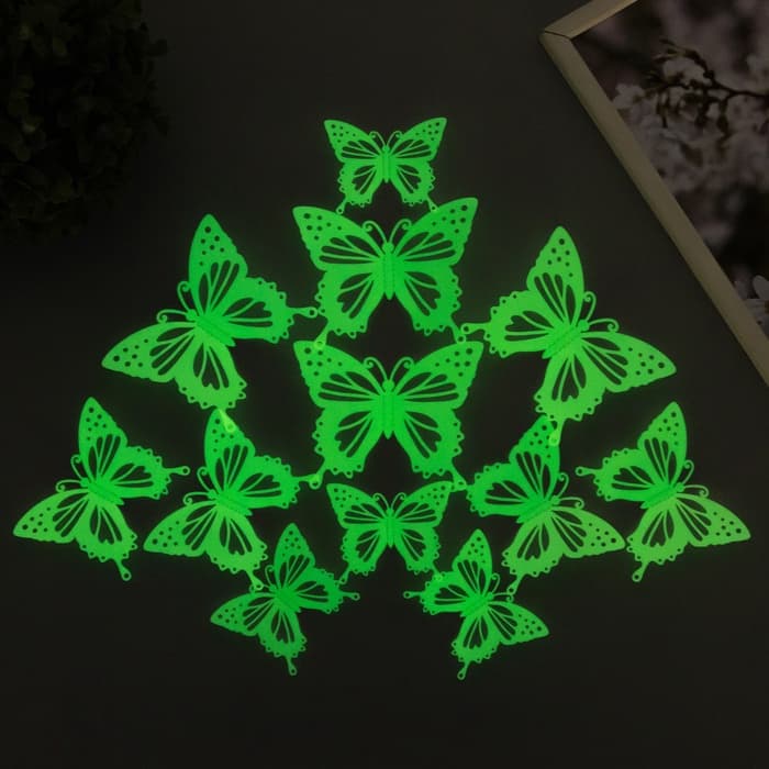 Набор магнитов на холодильник пластик «Бабочки светящиеся с вырезными узорами», 12 шт.