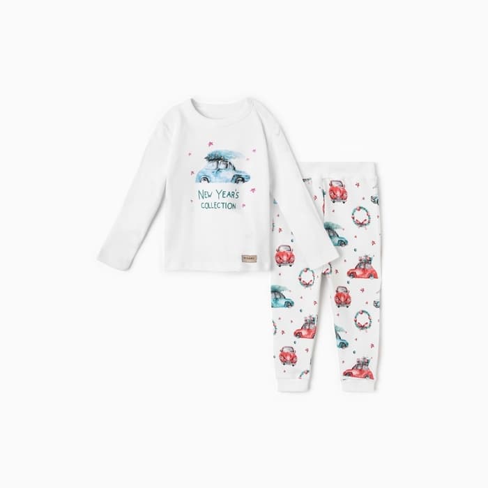 Пижама детская (брюки, лонгслив) MINAKU New Year's cars, рост 74-80 см, белая