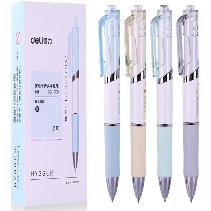 Набор ручек гелевых 12 шт., Deli (S11-BK-P), автоматические, линия 0.5 мм, ассорти, чернила чёрные