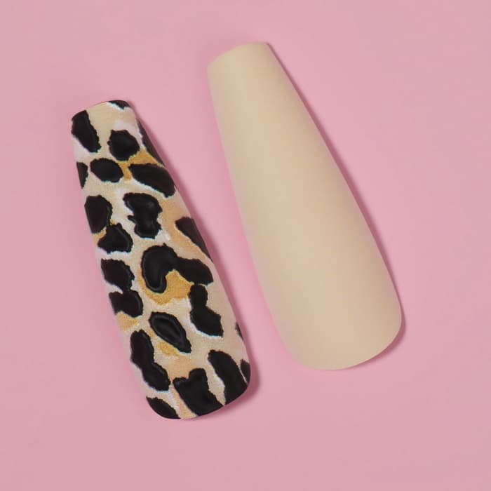 Накладные ногти «Леопард», 12 шт., с клеевыми пластинами, форма балерина, бежевые, чёрные
