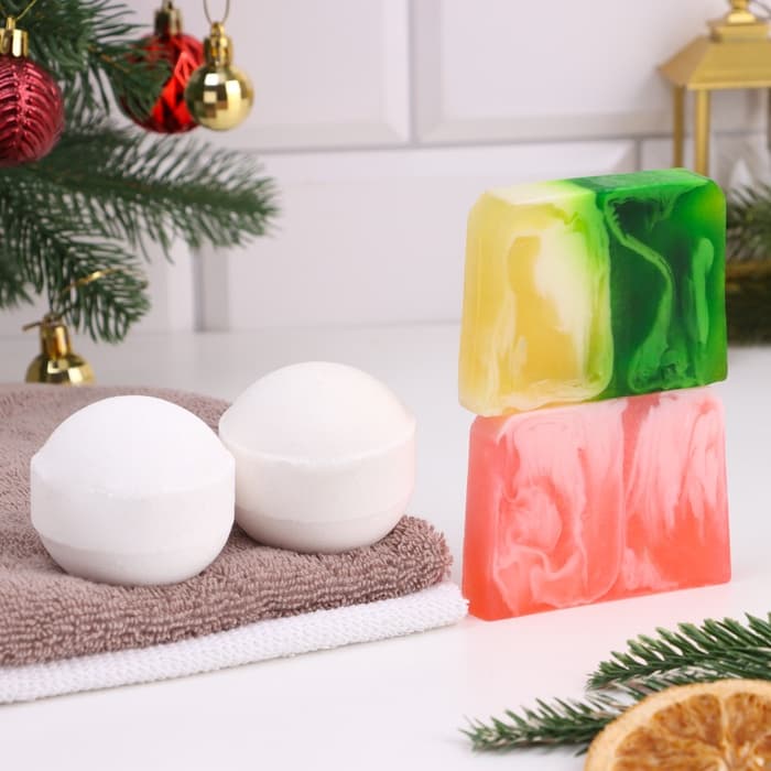 Набор 2 бомбочки «Миндаль, Горячий шоколад« и 2 мыла »Розовое шампанское, Яблоко в карамели»