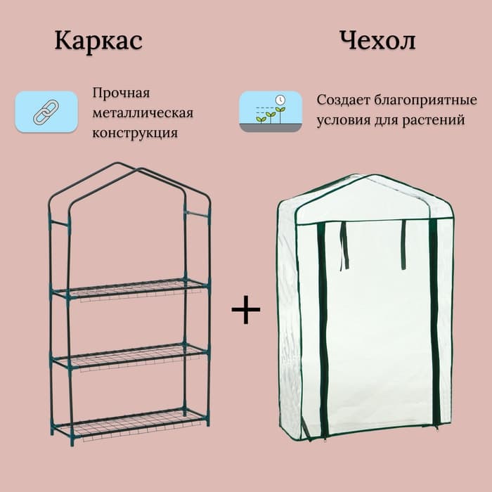 Парник-стеллаж, 3 полки, 110×22×65 см, металлический каркас d=12 мм, чехол плёнка 80 мкм, Greengo