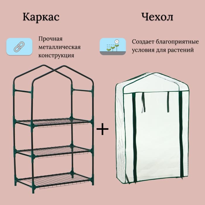 Парник-стеллаж, 3 полки, 110×40×65 см, металлический каркас d=16 мм, чехол плёнка 80 мкм, Greengo