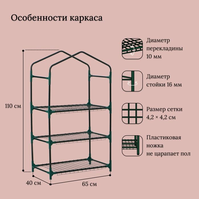 Парник-стеллаж, 3 полки, 110×40×65 см, металлический каркас d=16 мм, чехол плёнка 80 мкм, Greengo