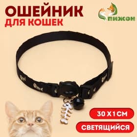 Ошейник для кошек «Рыбёшка», 30×1 см, светящийся, с бубенчиком и подвесом, полиэстер, чёрный