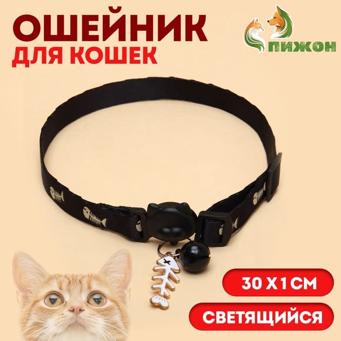 Ошейник для кошек «Рыбёшка», 30×1 см, светящийся, с бубенчиком и подвесом, полиэстер, чёрный