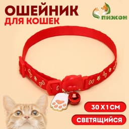 Ошейник для кошек «Лапка», 30×1 см, светящийся, с бубенчиком и подвесом, полиэстер, красный