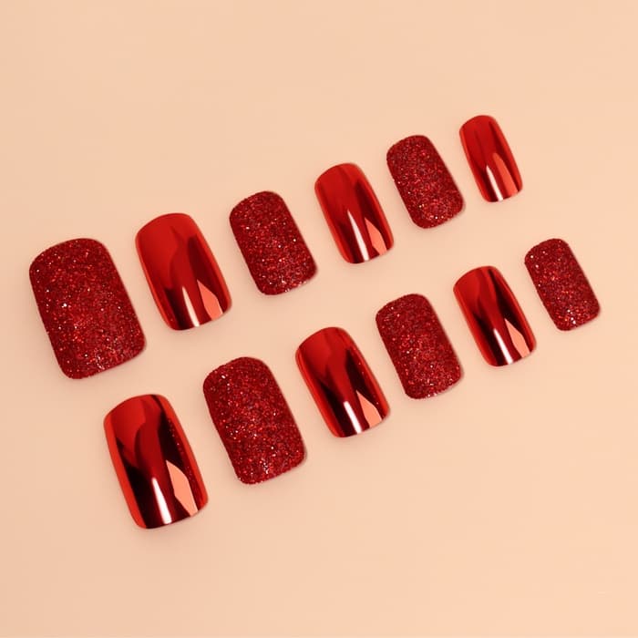 Накладные ногти, 12 шт., с клеевыми пластинами, форма мягкий квадрат, с блёстками, красные