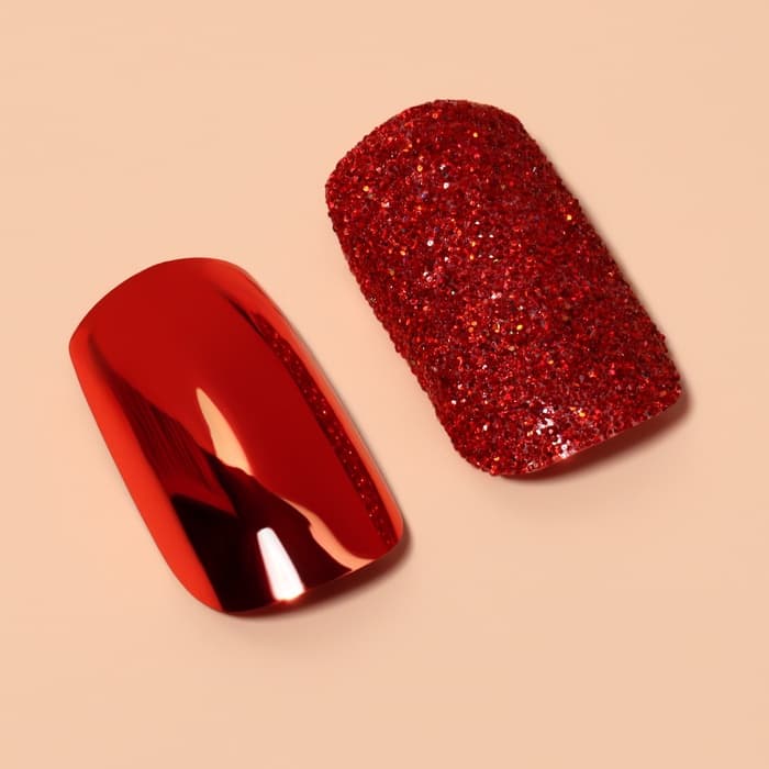 Накладные ногти, 12 шт., с клеевыми пластинами, форма мягкий квадрат, с блёстками, красные
