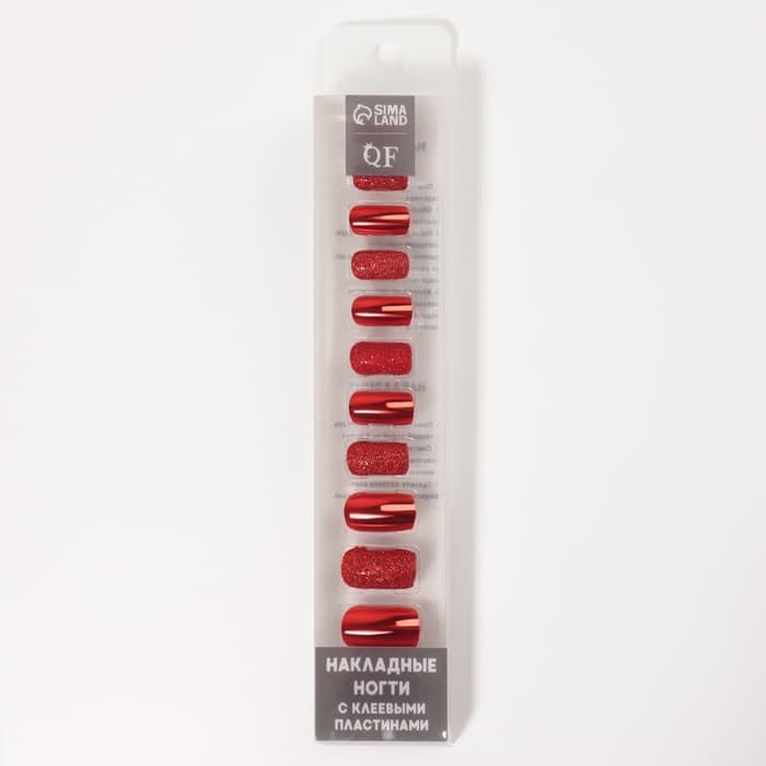 Накладные ногти, 12 шт., с клеевыми пластинами, форма мягкий квадрат, с блёстками, красные