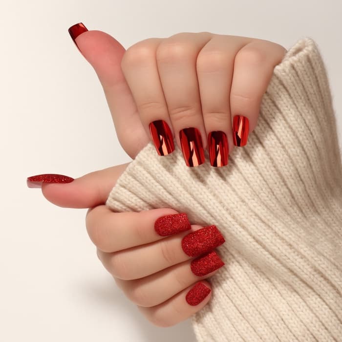 Накладные ногти, 12 шт., с клеевыми пластинами, форма мягкий квадрат, с блёстками, красные