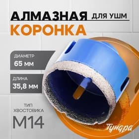 Коронка алмазная ТУНДРА, для УШМ, 65×35.8 мм, М14