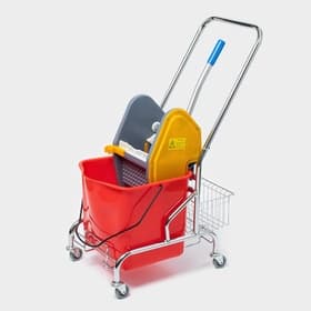 Тележка уборочная одноведерная с вертикальным отжимом и сеткой, красное ведро 25 л, хромированная рама