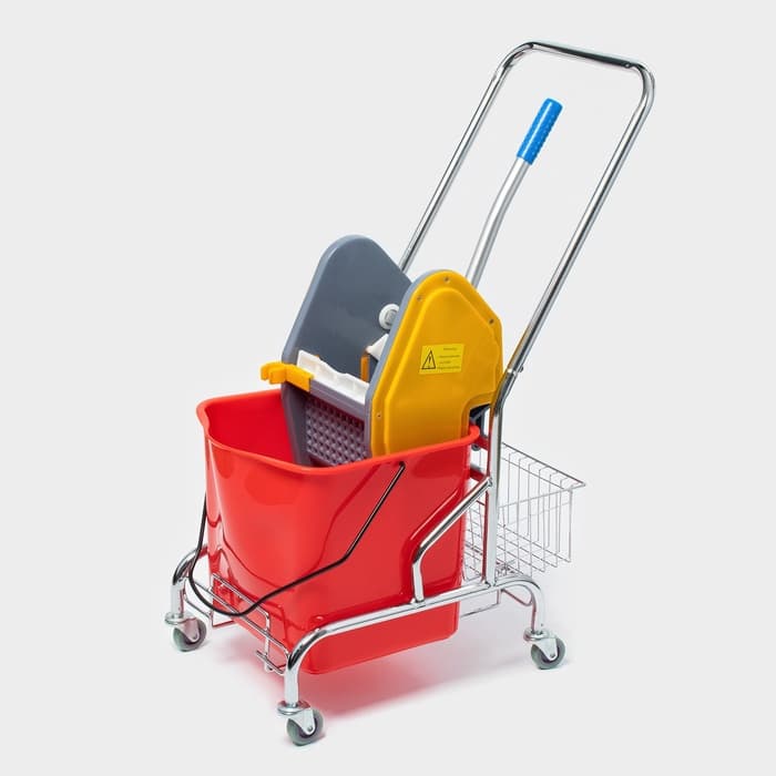 Тележка уборочная одноведерная с вертикальным отжимом и сеткой, красное ведро 25 л, хромированная рама