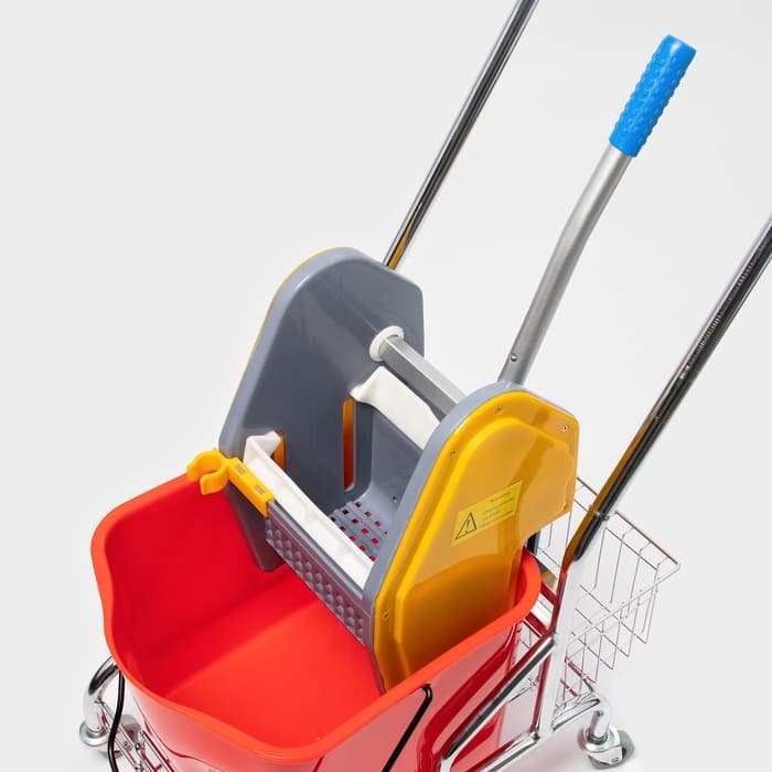 Тележка уборочная одноведерная с вертикальным отжимом и сеткой, красное ведро 25 л, хромированная рама