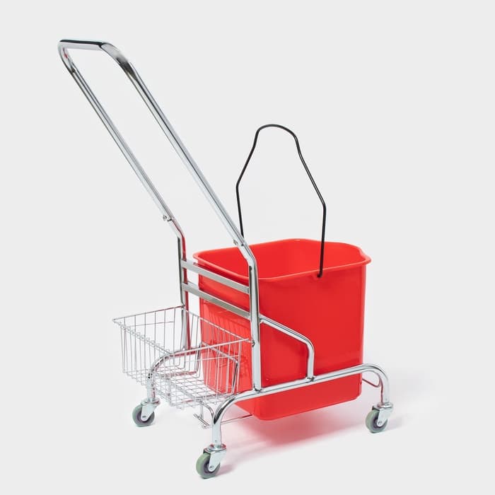 Тележка уборочная одноведерная с вертикальным отжимом и сеткой, красное ведро 25 л, хромированная рама