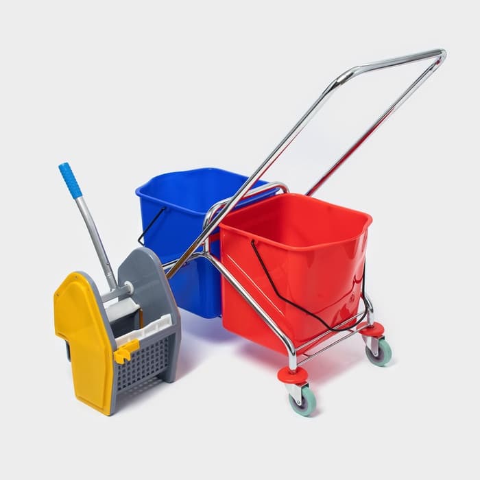 Тележка для уборки с вертикальным отжимом, два ведра по 25 л, на колёсах, хромированная рама