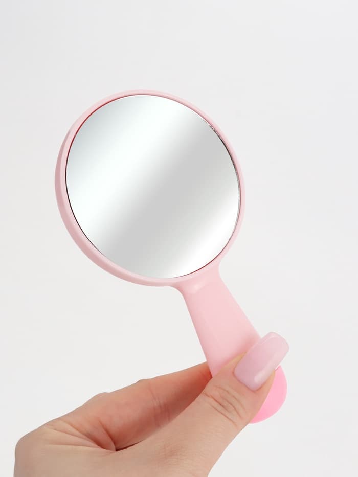 Зеркало с ручкой, 7.7×14 см, (d=7.3 см), розовое