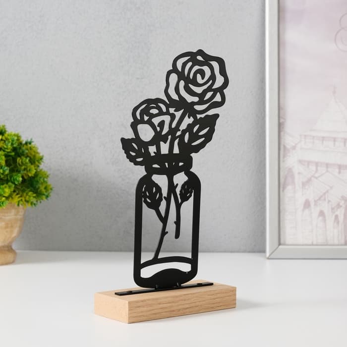 Фигурка металл «Розы в банке», чёрный, 5×11.5×22 см