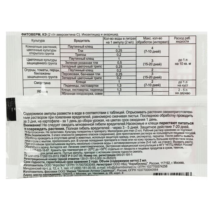 БИО инсектицид «Фитоверм» от насекомых-вредителей, ампула 2 мл