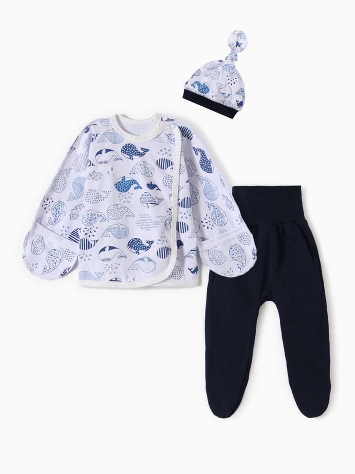 Комплект для новорожденного (шапочка/кофточка/ползунки) «Киты», цвет белый/синий, рост 62 см