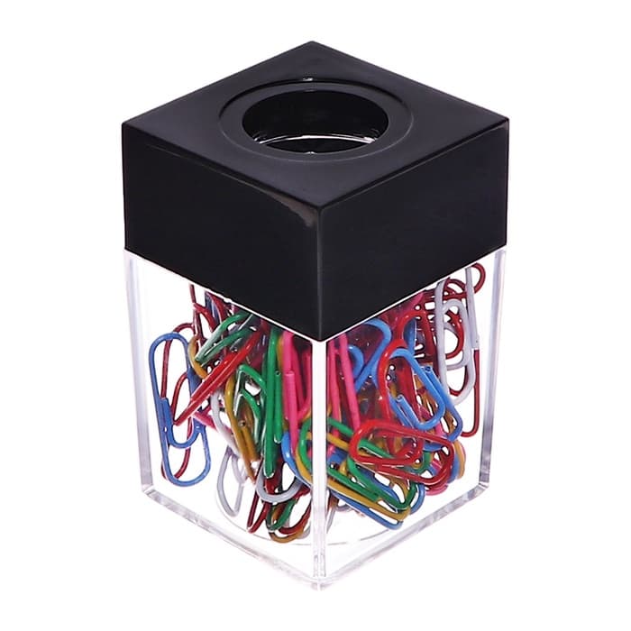 Скрепочница квадратная с магнитом прозрачная пластик, скрепки цветные 28 мм-100 штук