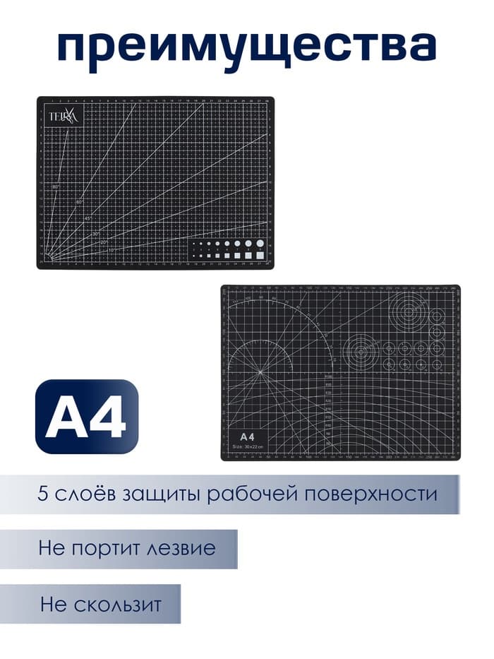 Мат для резки TEIRA, пятислойный, 30×22 см, А4, чёрный