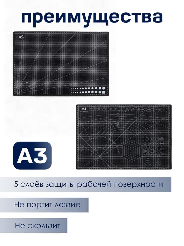 Мат для резки TEIRA, пятислойный, 30×45 см, А3, чёрный
