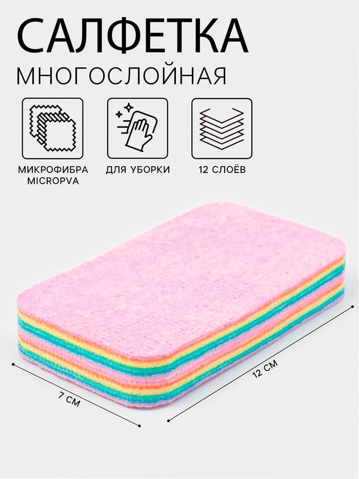 Салфетка многослойная для уборки из микрофибры MicroPVA, 12×7 см, 12 слоев