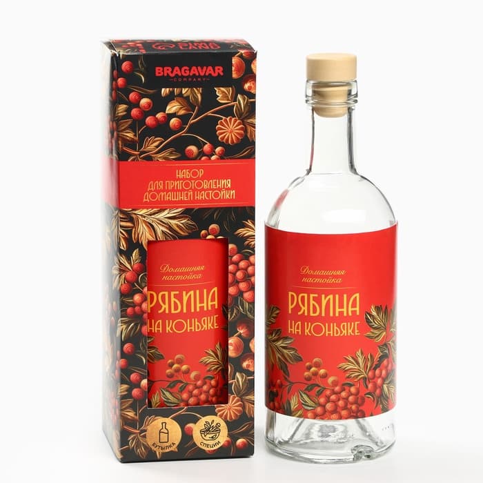 Подарочный набор для приготовления настойки «Рябина на коньяке», набор трав и специй 74 г, бутылка 500 мл., инструкция
