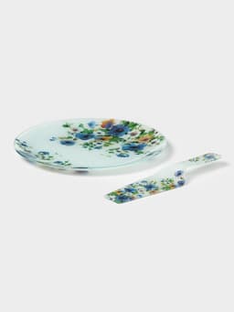 Тортовница с лопаткой Доляна «Букет незабудок», 2 предмета: блюдо d=30 см, лопатка 26.5×7×2 см, стекло, рисунок