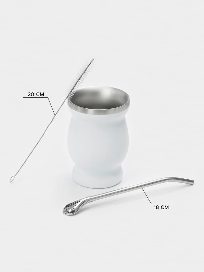 Калабас и бомбилья для приготовления чая Мате, 240 мл, с щёткой для чистки, нержавеющая сталь, белые