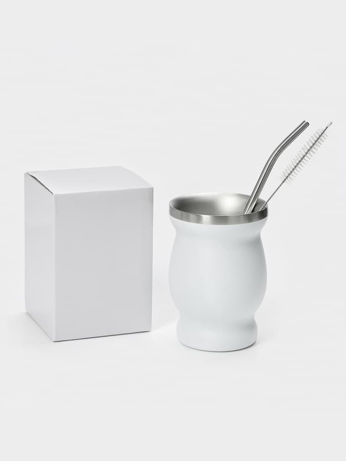 Калабас и бомбилья для приготовления чая Мате, 240 мл, с щёткой для чистки, нержавеющая сталь, белые