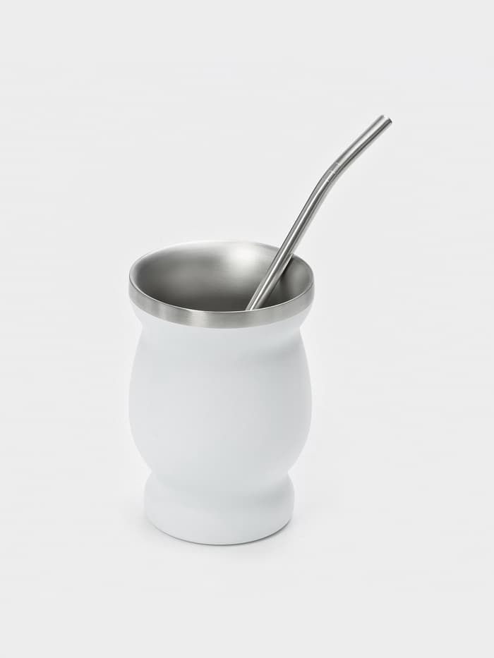 Калабас и бомбилья для приготовления чая Мате, 240 мл, с щёткой для чистки, нержавеющая сталь, белые