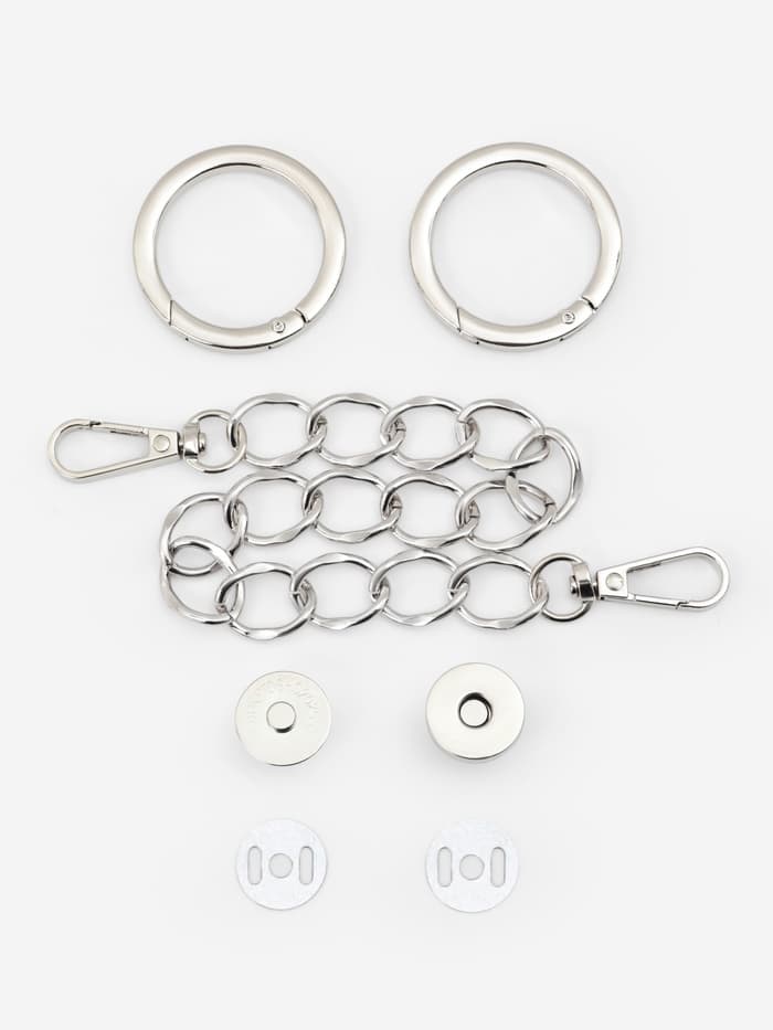 Набор для создания сумки, 4 предмета, кольцо-карабин - 2 шт, цепочка, кнопка магнитная, цвет серебряный