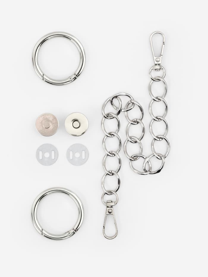 Набор для создания сумки, 4 предмета, кольцо-карабин - 2 шт, цепочка, кнопка магнитная, цвет серебряный
