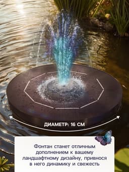 Фонтан садовый JT-180-6LED, 7 Вт, h=55 см, 180 л/ч, на солнечной батарее, LED - подсветка