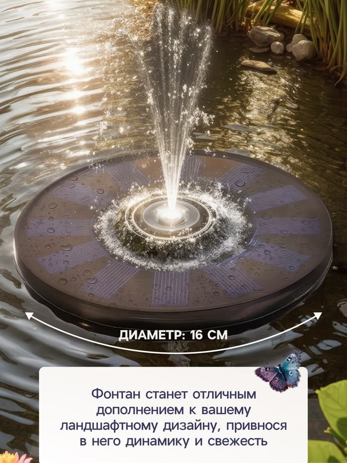 Фонтан садовый JT-130F1, 7 Вт, h=55 см, 150 л/ч, на солнечной батарее